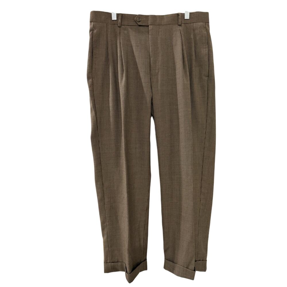 Tasso Elba Pleated Cuffed Dress Pants Brown Wool | 33W x 30L